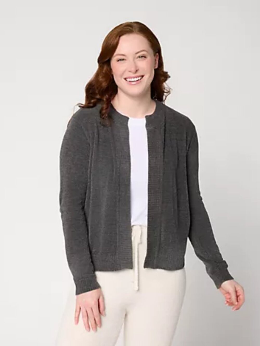 Barefoot Dreams CozyChic Ultra Lite Boxy Crop Cardigan, Carbon Sz XL a71878